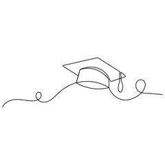 Single line art, continuous one line drawing of  Isolated outline vector graduation cap icon 
