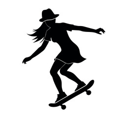 a stylish and modern girl skater practicing skateboarding with wear a hat, vector silhouette, black color silhouette isolated white background