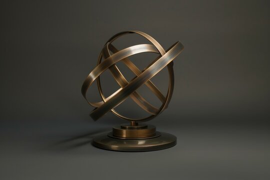 Bronze armillary sphere sculpture is standing on a simple grey background with natural lighting