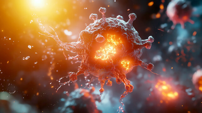 A cell undergoing apoptosis under a microscope, with dramatic lighting highlighting the process, Microscope Biology, Cellular death study