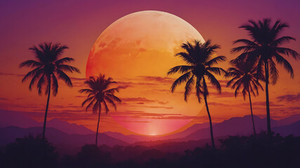 Naklejka premium A stunning sunset over mountains with silhouettes of palm trees under a vibrant sky featuring a large moon