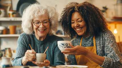 A senior woman artist joyfully teaches her friend how to paint a ceramic cup, embodying creativity, friendship, and lifelong learning