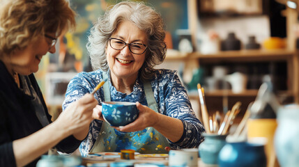 A senior woman artist joyfully teaches her friend how to paint a ceramic cup, embodying creativity, friendship, and lifelong learning