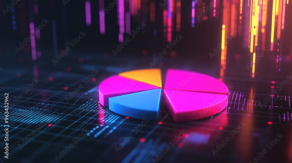 Poster a dynamic 3d pie chart with neon-colored segments, floating in a dark, digital space, symbolizing te
