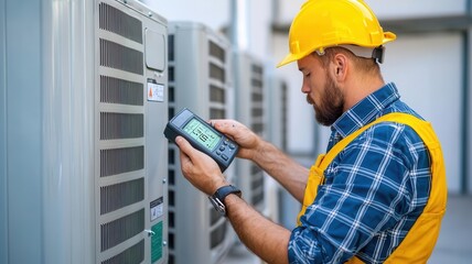 Repairman testing an air conditioner s thermostat with a digital reader, repairman testing thermostat, temperature control diagnostics