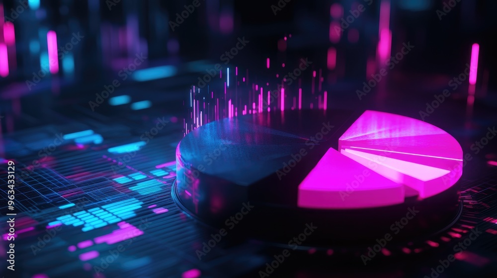 Poster a dynamic 3d pie chart with neon-colored segments, floating in a dark, digital space, symbolizing te