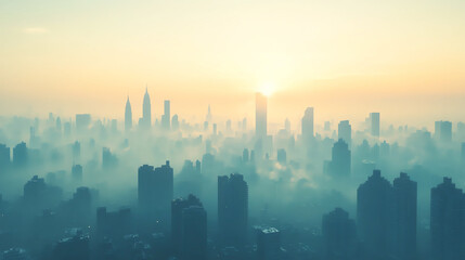 Fototapeta premium City skyline with morning haze, Monday morning, urban awakening