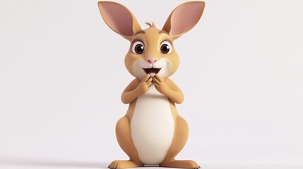A cheerful cartoon rabbit with big ears and a playful expression, standing and smiling.