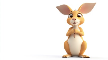 A cheerful cartoon rabbit with large ears, standing and smiling, conveying friendliness.