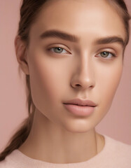 Fototapeta premium portrait of a woman with a ponytail wearing a white top, set against a plain pink background.