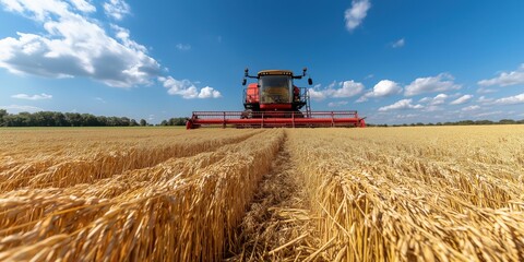 Obraz premium UK arable farming, barley and oats being harvested in golden fields under a wide-open sky