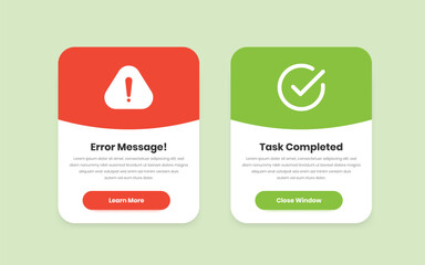 Minimalist Popup Design for Error Messages and Task Completion Screens with Action Buttons