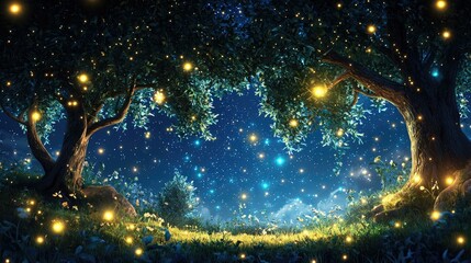 Fototapeta premium A magical scene of a dreamy olive orchard illuminated by fireflies dancing under a starry sky, creating an enchanting atmosphere of tranquility and wonder.