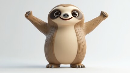 Fototapeta premium A cheerful cartoon sloth with a friendly expression and raised arms, symbolizing happiness.