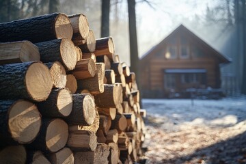 Close-Up of Stacked Cut Wood with Forest House Background