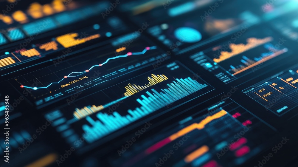 Poster a high-resolution close-up of a business dashboard featuring multiple graphs and charts, representin