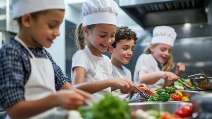 Diverse children cooking together in school kitchen competition teamwork and creativity in action, Class room activity.