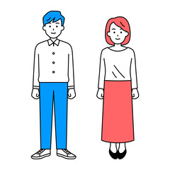 正面を向くカジュアルな男女（全身）　セット