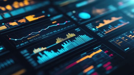 A high-resolution close-up of a business dashboard featuring multiple graphs and charts, representing comprehensive data analysis.
