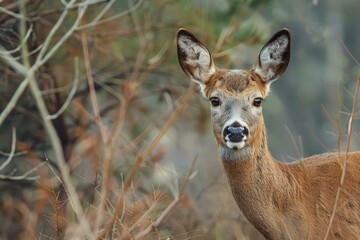 Fototapeta premium Wild roe deer doe is standing in the forest and looking through bare branches