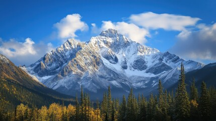 Fototapeta premium Snow-Capped Mountain Peak with Pine Forest in Foreground