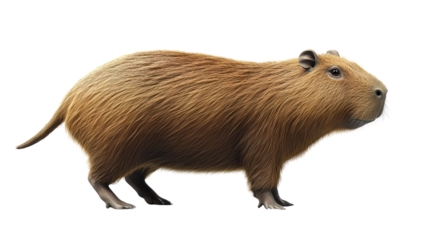 A detailed illustration of a capybara, showcasing its unique features and natural brown coloration against a transparent background.