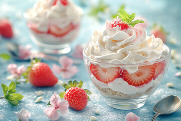 Delight in a refreshing Eton mess dessert topped with fresh strawberries and whipped cream amidst blooming flowers in springtime