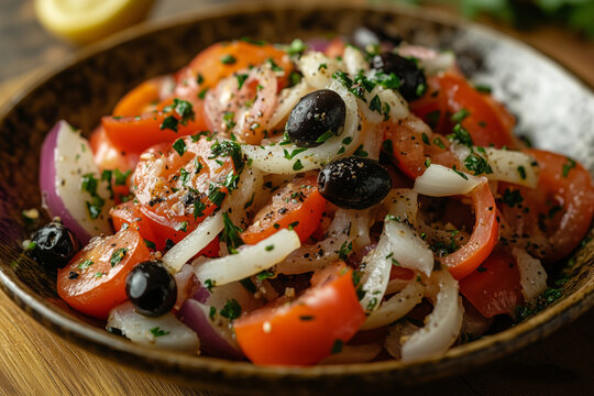 Enjoying a vibrant Esqueixada salad bursting with fresh flavors at a sunny Catalan terrace in warm summer