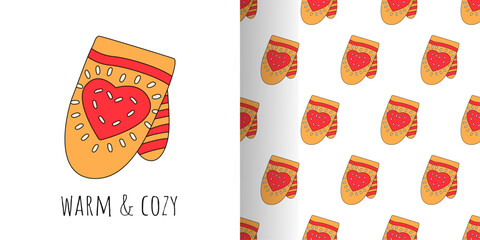 Christmas card with orange mitten with a red heart  and decorative stitch is accompanied by the text 
