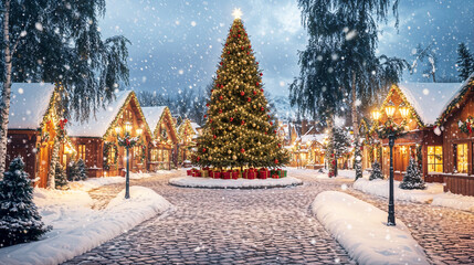 Christmas tree in a fantasy christmas village landscape, snowy xmas town vibe background wallpaper