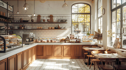 Beautifully designed bistro cafe interior with clean white counter and wooden chairs morning sunlight
