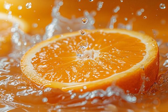 Slide cut piece of orange drop on orange background with orange juice splash water with copy space 