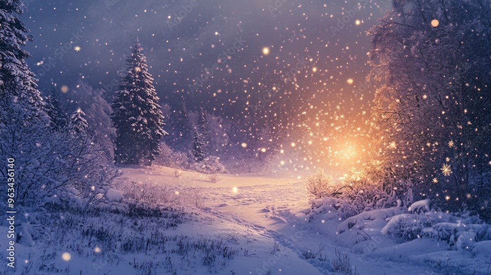 Poster snowy forest path with glittering lights and falling snow