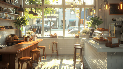 Beautifully designed bistro cafe interior with clean white counter and wooden chairs morning sunlight