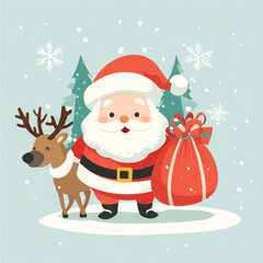 Cartoon cute Santa Claus with reindeer and presents