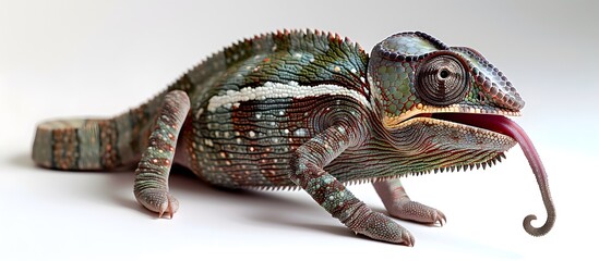 Fototapeta premium Chameleon with tongue hanging out close-up on a white background. Copy space.
