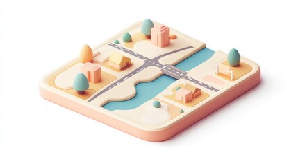 A colorful 3D illustration of a small town with roads, houses, and trees.