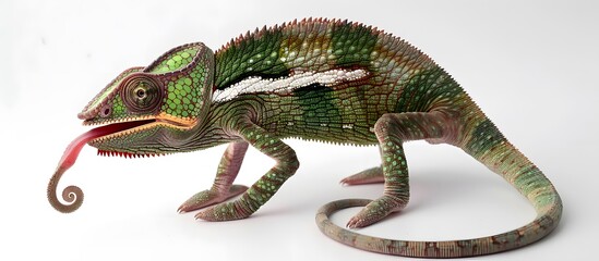 Fototapeta premium Chameleon with tongue hanging out close-up on a white background. Copy space.