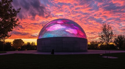 Obraz premium A concrete dome in a public park illuminated with colorful LEDs, vibrant video projections playing on its surface, under a stunning sunset sky
