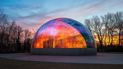 Obraz premium A concrete dome in a public park, its surface lit up with colorful LEDs and video projections, under the warm glow of a setting sun