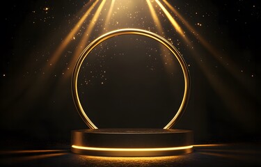 A golden circular podium with light beams on a dark background