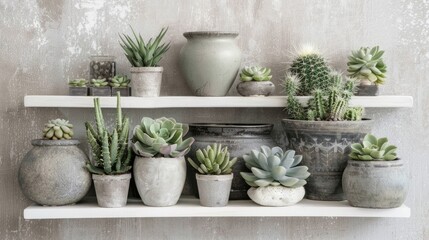 Fototapeta premium Succulents and cacti in concrete pots on white shelf.