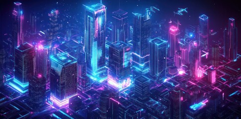 Fototapeta premium Futuristic Cityscape with Neon Lights and Skyscrapers