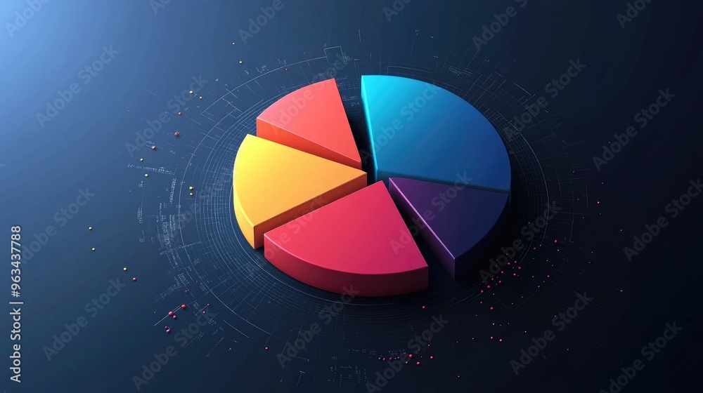 Fototapete A modern 3D pie chart floating in space, each segment highlighted in different colors, showcasing detailed data distribution in a visually dynamic way.
