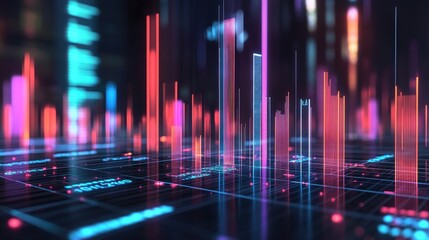 A modern 3D bar chart with glowing bars of varying heights, representing sales data and market trends in a high-tech environment.