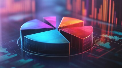 Fototapeta premium A modern 3D pie chart with transparent slices, rotating to reveal different sections of business data in a dynamic, high-tech style.
