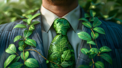 Businessman in a suit wears a tie made of green leaves, symbolizing environmental consciousness. promotes sustainability Ideal for eco-conscious and sustainable business themes 
