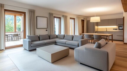 Comfort A living room with wide spaces, soft furniture and calming tones