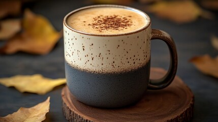 A mug of coffee with brown spots on it sits on a wooden table