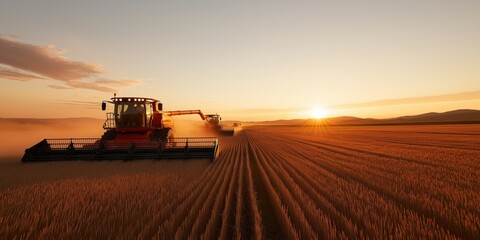 Fototapeta premium Golden wheat fields being harvested at sunset, combines in action, with dramatic golden hour light 